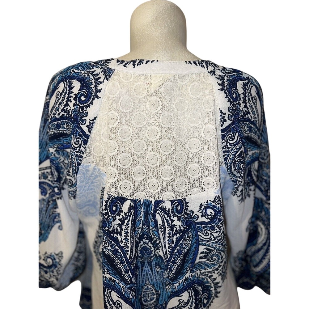 Fig and Flower Paisley Lace Back Tunic Top Women L Blue White Bell Sleeve Boho - Picture 5 of 10